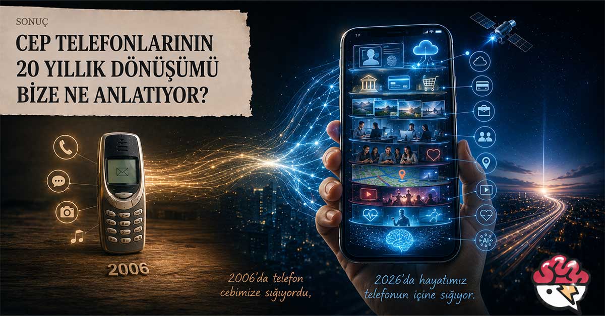 Cep telefonlarının 20 yıllık dönüşümünün sonucunu özetleyen görsel.