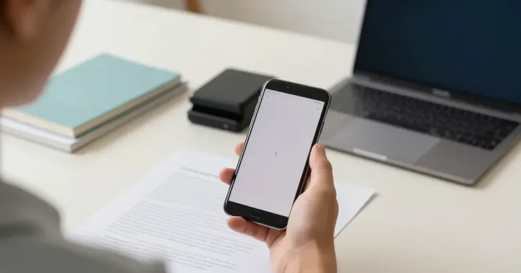 Telefon kamerasıyla masa üzerindeki belgeyi tarayarak PDF oluşturan kişi